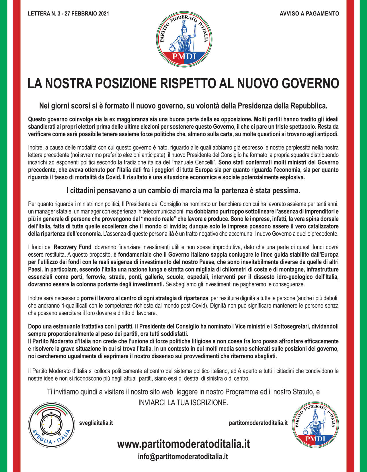 La nostra posizione rispetto al nuovo governo