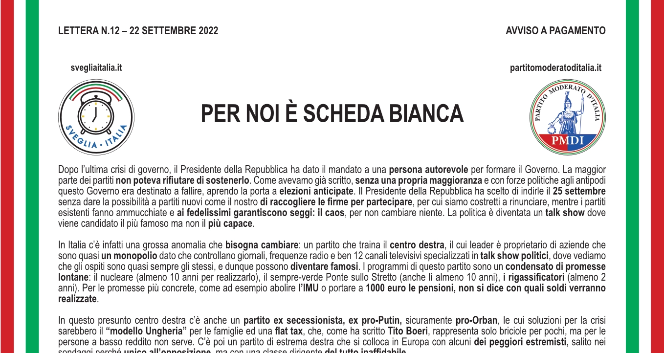 Lettera n. 12 Partito Moderato d'Italia