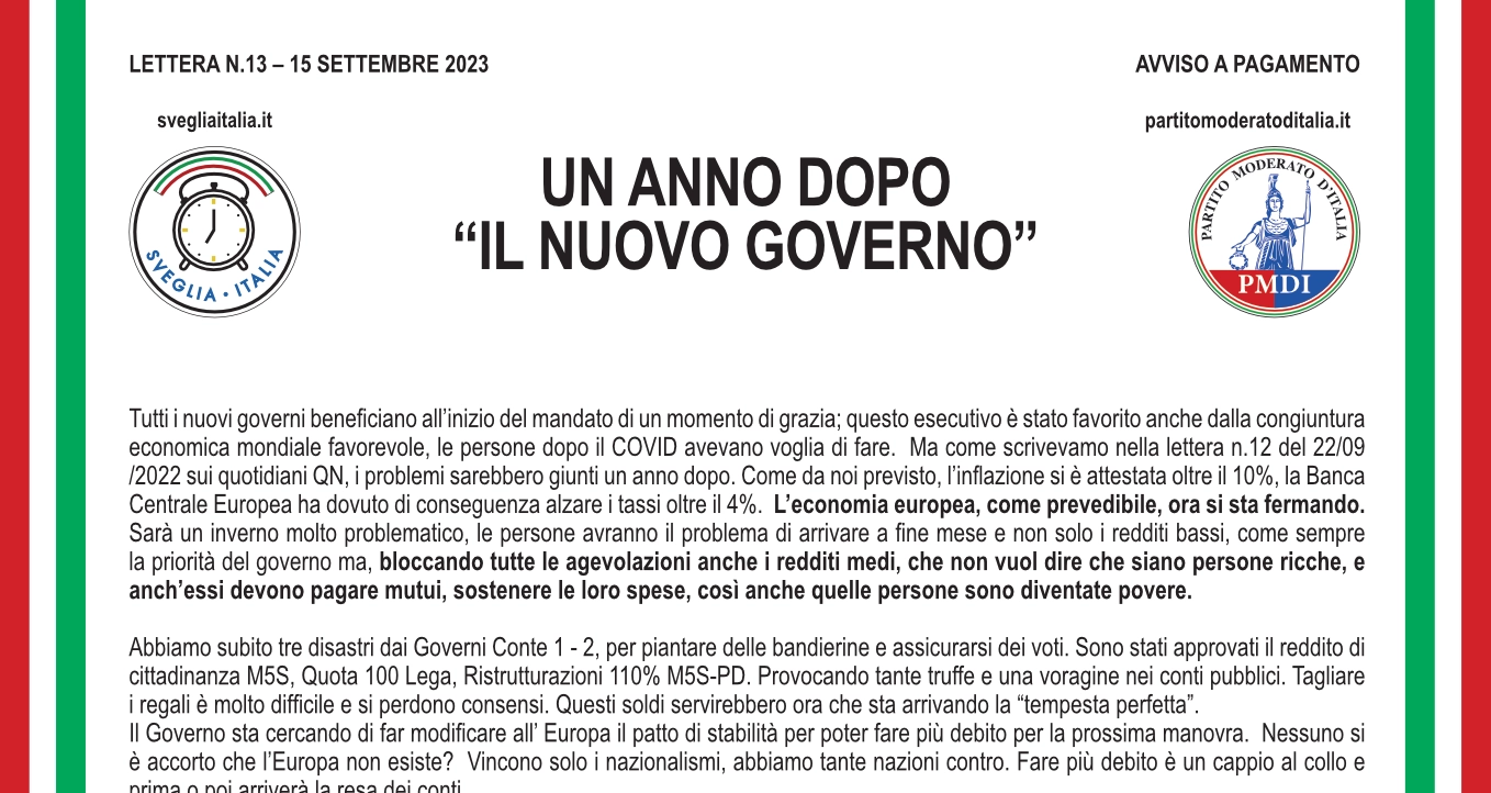 Lettera n. 13 Partito Moderato d'Italia